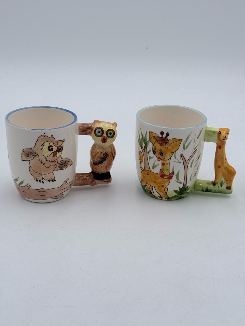 Vintage MCM Set of 2 70s Mugs 3D Giraffe & Owl - Saba - Hand Painted Ceramic